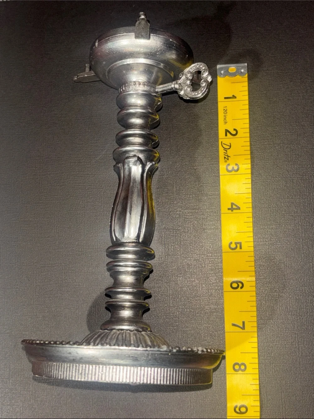Vintage silver tone pillar candlestick ornate decorative metal home decor